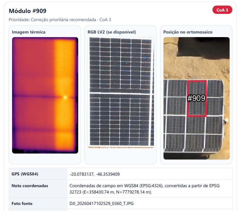 Kira Report: Module #909 — thermal hotspot, high-res RGB crop, and orthomosaic position, all linked